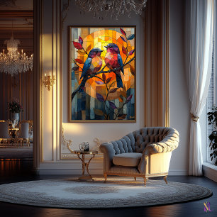 Lovebirds in a Stained Glass Sunset Poster