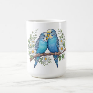 Lovebirds in Bloom – Blue Budgerigars Coffee Mug