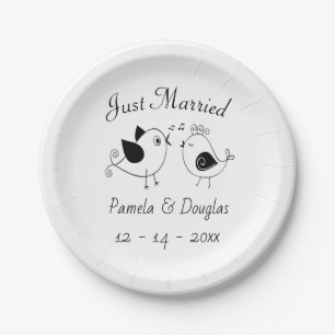 Lovebirds Just Married Black White Wedding Birds Paper Plate