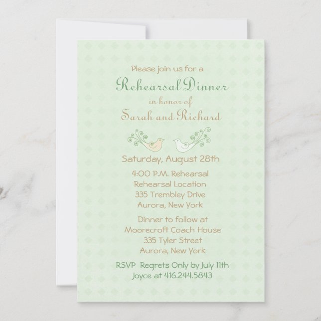 Lovebirds Mint Wedding Rehearsal Dinner Invitation (Front)