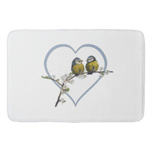 Lovebirds on a cherry blossom branch heart white bath mat