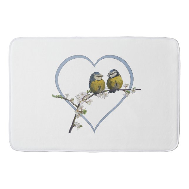 Lovebirds on a cherry blossom branch heart white bath mat (Front)