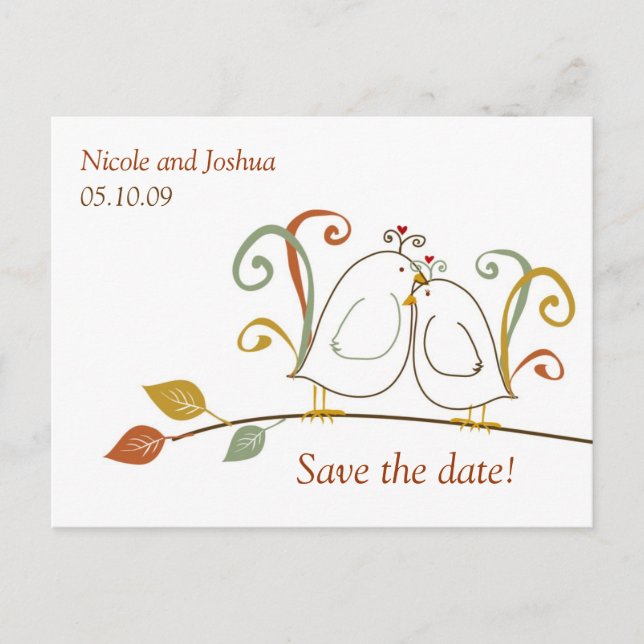 Lovebirds on Branches Save the Date Announcement Postcard (Front)