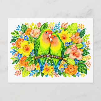 Lovebirds Pair Tropical Orange Yellow Blue Floral Postcard