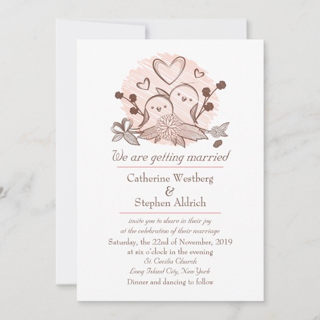 Lovebirds Pink And Brown Wedding Invitation (Front)