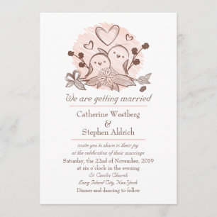 Lovebirds Pink And Brown Wedding Invitation