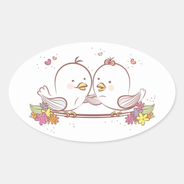 Lovebirds Pink And Brown Wedding Love Oval Sticker (Front)