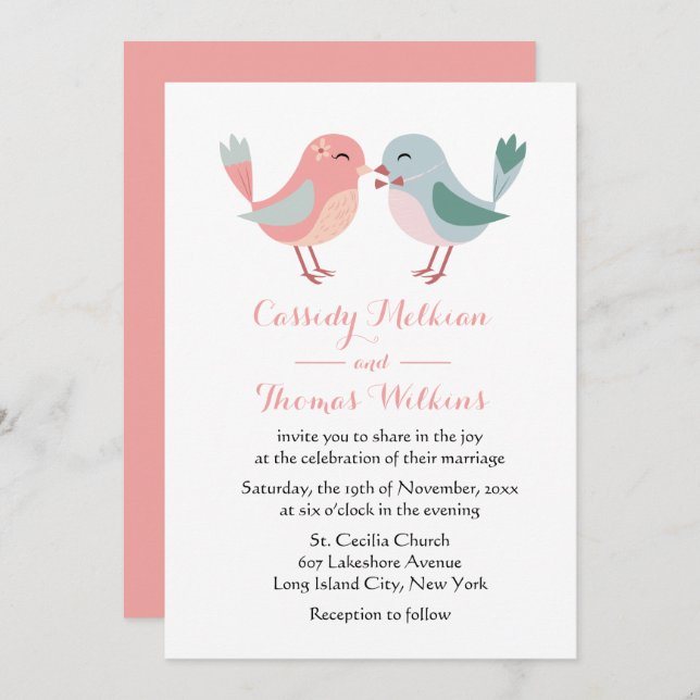 Lovebirds Pink & Blue Wedding Birds Invitation (Front/Back)