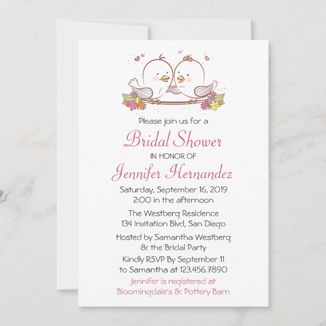 Lovebirds Pink Fuchsia Bridal Shower Invitation (Front)