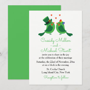 Lovebirds & Shamrock Green & White Wedding Love Invitation