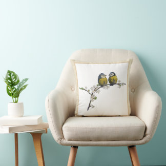 Lovebirds sitting on a cherry blossom branch beige cushion