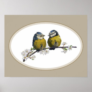 Lovebirds sitting on a cherry blossom branch beige poster