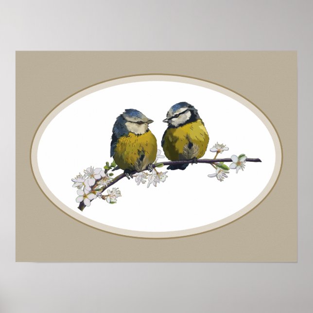 Lovebirds sitting on a cherry blossom branch beige poster (Front)