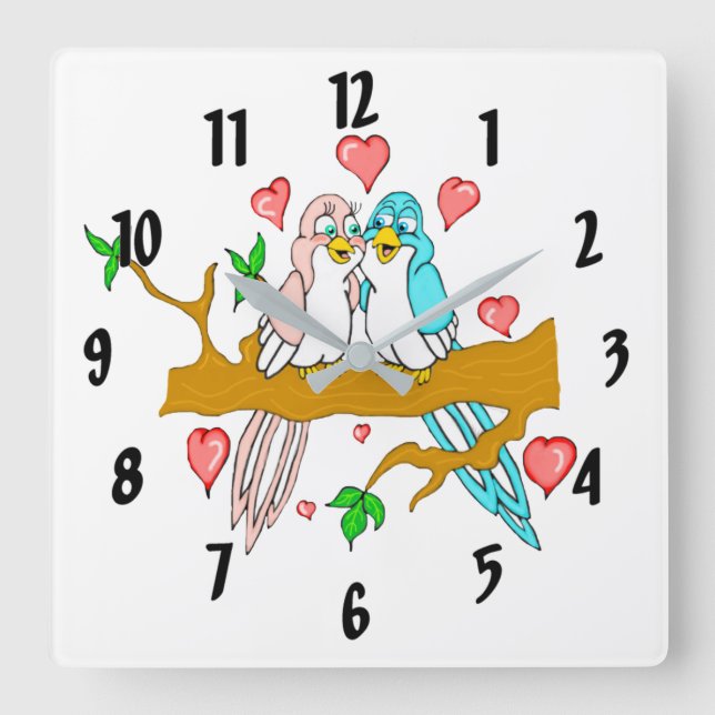 Lovebirds Square Wall Clock (Front)