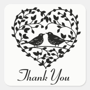 Lovebirds Thank You Black And White Floral Heart Square Sticker