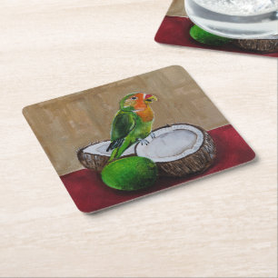 Lovebird's Tropical Fiesta Painting by Alfred Fox Square Paper Coaster