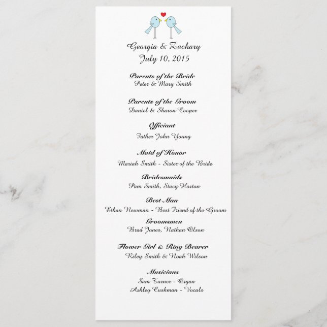 "Lovebirds" Wedding Program (Front)