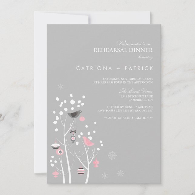 Lovebirds Winter Snow Rehearsal Dinner Invitation (Front)