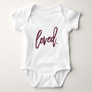 Loved. Burgundy Modern Trendy Script Typography Baby Bodysuit