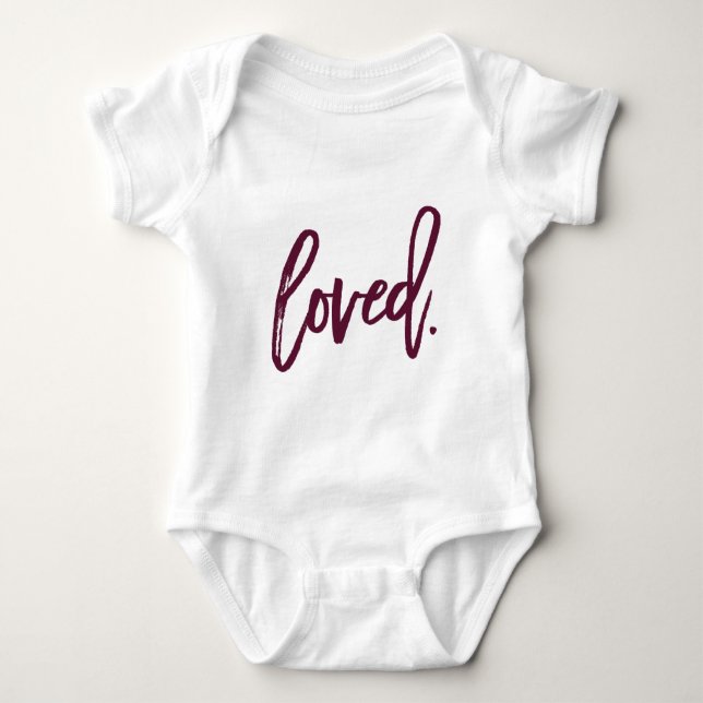 Loved. Burgundy Modern Trendy Script Typography Baby Bodysuit (Front)