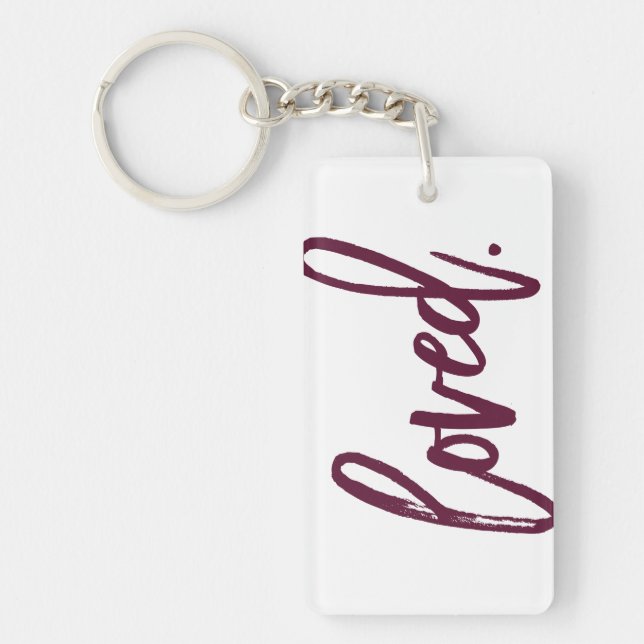 Loved. Burgundy Modern Trendy Script Typography Key Ring (Front)