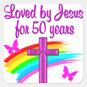 LOVED BY GOD 50TH BIRTHDAY DESIGN SQUARE STICKER