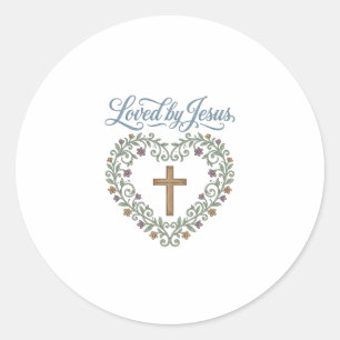 Loved by Jesus Floral Cross Christian T-Shirt Desi Classic Round Sticker