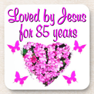 LOVED BY JESUS FOR 85 YEARS FLORAL DESIGN COASTER