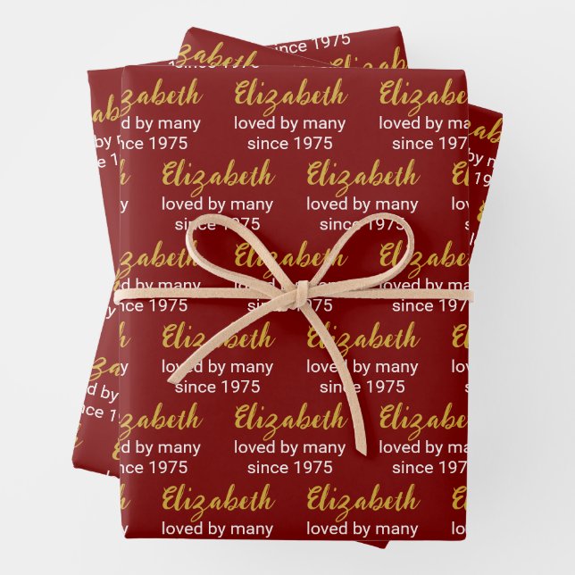 Loved by Many Since 1975 Red Gold Name Birthday Wrapping Paper Sheet (In situ)