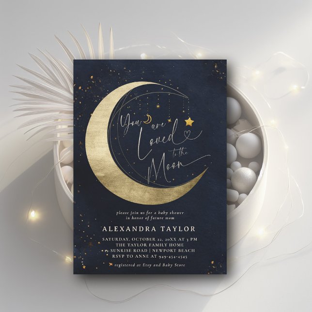 Loved Moon Mobile Dark Navy Neutral Baby Shower Invitation (loved to the moon baby shower invitation moon stars watercolor cute adorable coed elegant neutral)