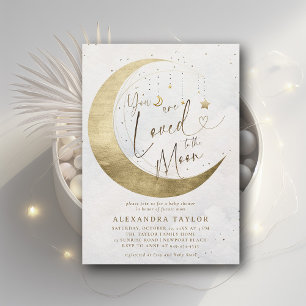 Loved Moon Stars Gold White Neutral Baby Shower Invitation