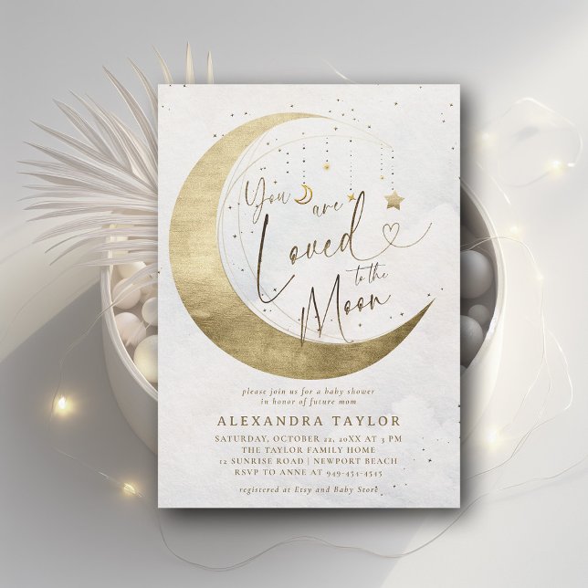 Loved Moon Stars Gold White Neutral Baby Shower Invitation (loved to the moon baby shower invitation moon stars watercolor cute coed elegant neutral)