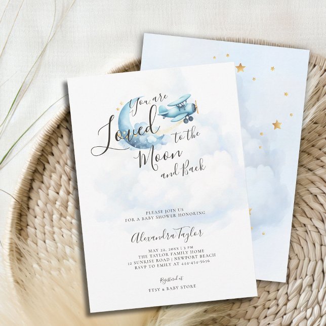 Loved to Moon Blue Clouds Aeroplane Baby Boy Showe Invitation (loved to the moon baby boy shower invitation airplane blue clouds gold stars watercolor cute sweet)