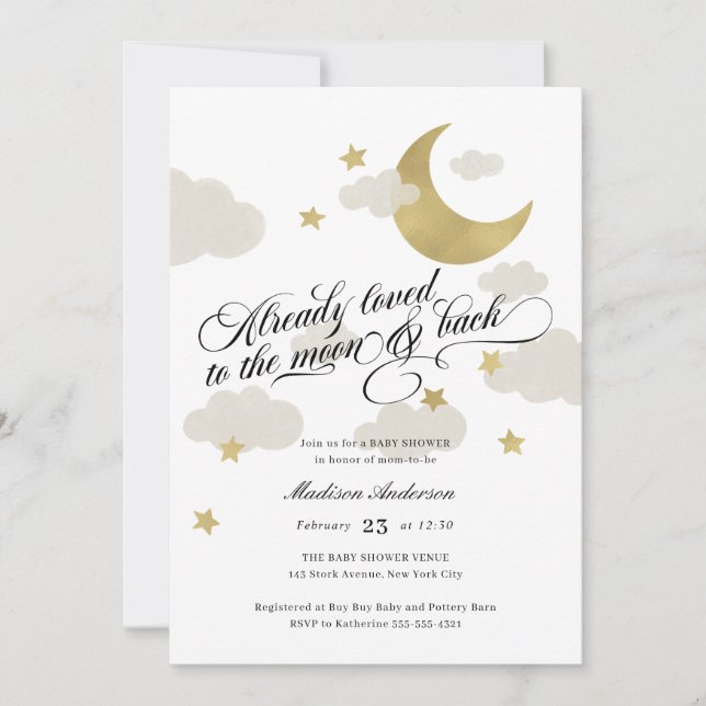 Loved to the Moon and Back Baby Shower Gold Invitation (Front)