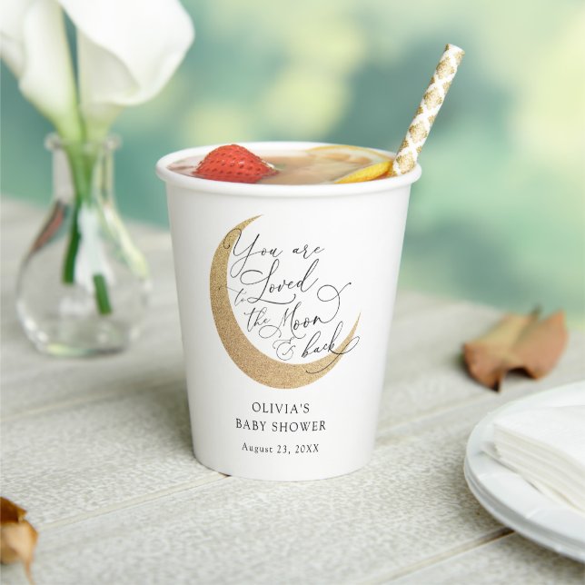 Loved to the Moon and Back Baby Shower Paper Cups (Insitu)