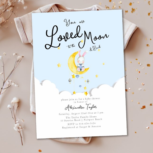 Loved to the Moon Rabbit Heart Boy Baby Shower Invitation (Creator Uploaded)