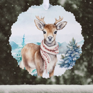 Lovelu Deer with Red Scarf in Snowy Forest w Name Tree Decoration Card
