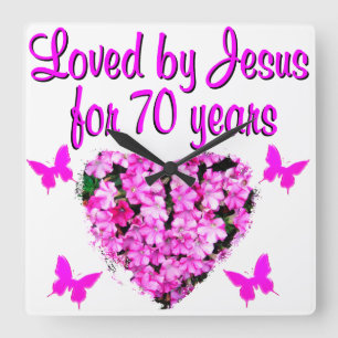 LOVELY 70TH BIRTHDAY PINK FLORAL PHOTO DESIGN SQUARE WALL CLOCK