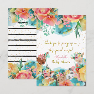 Lovely Animals Flower Bloom Baby Girl Shower Thank You Card