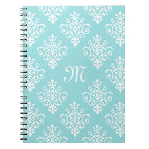 Lovely Aqua Blue and White Damask With Monogram Notebook