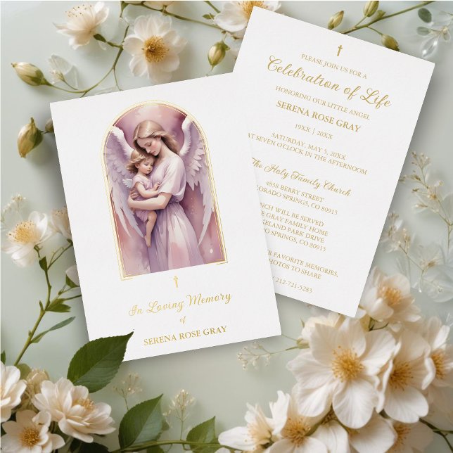 Lovely Arch Angel Guardian with Baby Gold Funeral (Lovely Arch Effect Angel Guardian with Baby Gold Foil Funeral Invitation Card.)