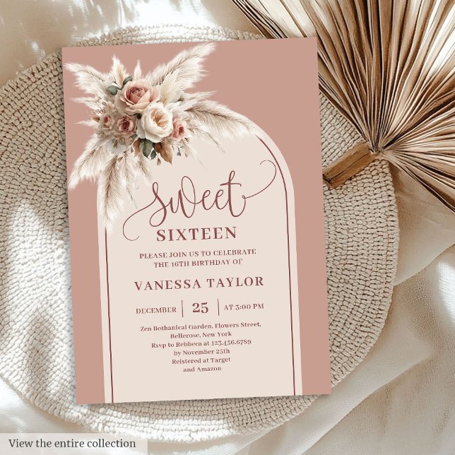 Lovely Arch Pastel Pink Pampas Floral Boho Sixteen Invitation (Lovely Arch Pastel Pink Pampas Floral Boho Sixteen

)