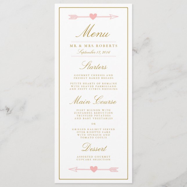 Lovely Arrows Wedding Dinner Menu / Blush & Gold (Front)