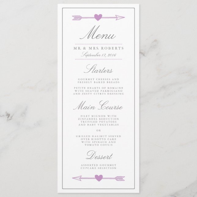 Lovely Arrows Wedding Dinner Menu / Lilac and Grey (Front)