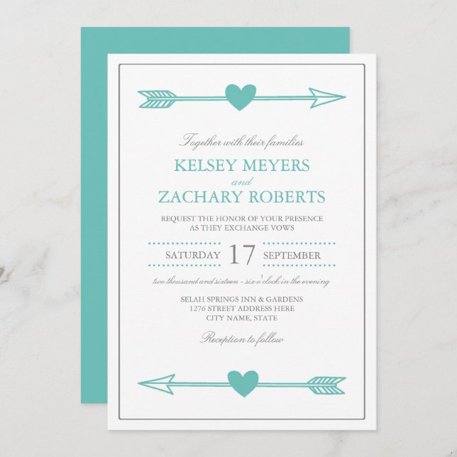 Lovely Arrows Wedding Invitation / Teal and Grey (Front/Back)