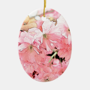 Lovely artistic sketch pink cherry blossom flowers ceramic ornament