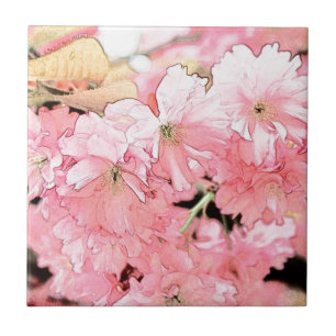 Lovely artistic sketch pink cherry blossom flowers ceramic tile