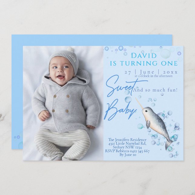 Lovely baby boy Narwhal 1st Birthday Party Invitation (Front/Back)