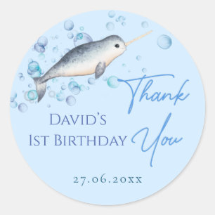 Lovely baby boy Narwhal & Blue Bubbles Classic Round Sticker
