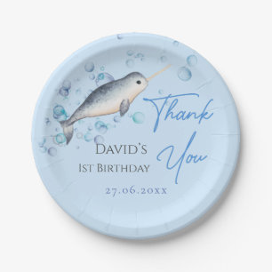 Lovely baby boy Narwhal bubbles 1st Birthday  Paper Plate